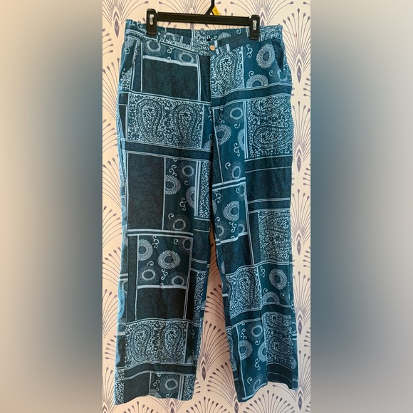 Erika Blue Paisley Linen wide leg pants women’s size large - Picture 1 of 4